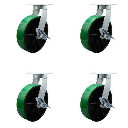 Service Caster 12'' Heavy Duty Green Poly on Cast Iron Swivel Caster Set with Brakes, 4PK CRAN-SCC-KP92S1230-PUR-GB-SLB-4